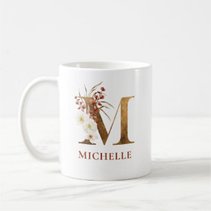 Watercolor Floral & Gold Letter M Monogram Coffee Mug
