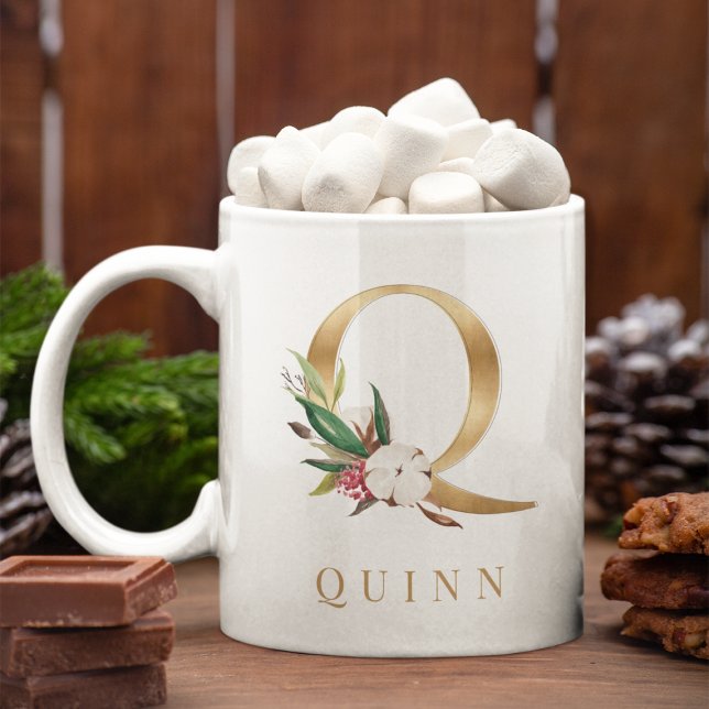 Watercolor Floral & Gold Letter Q Monogram Coffee Mug (Creator Uploaded)