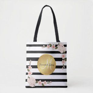 Watercolor Floral Gold Monogram Black White stripe Tote Bag