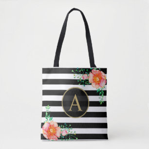 Watercolor Floral Gold Monogram Black White Stripe Tote Bag
