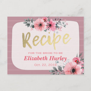 Watercolor Floral Gold Script Bridal Shower Recipe Invitation Postcard