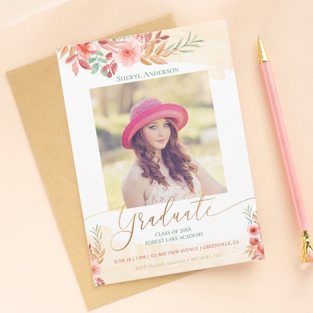 Watercolor Floral Gold Script Photo Graduation Announcement (Creator Uploaded)