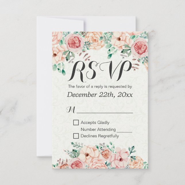 Watercolor Floral & Gold Script Wedding RSVP Reply (Front)