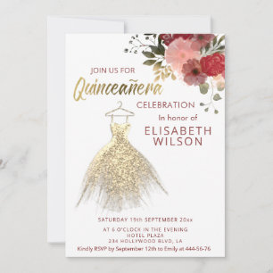 Watercolor Floral gold sequins dress Quinceañera Invitation