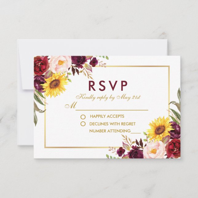 Watercolor Floral Gold Wedding Burgundy RSVP Card (Front)