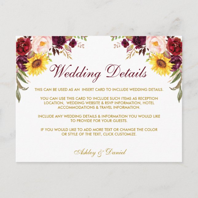 Watercolor Floral Gold Wedding Details Insert Card (Front)