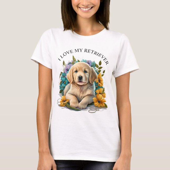 Watercolor Floral Golden Retriever Puppy T-Shirt (Front)