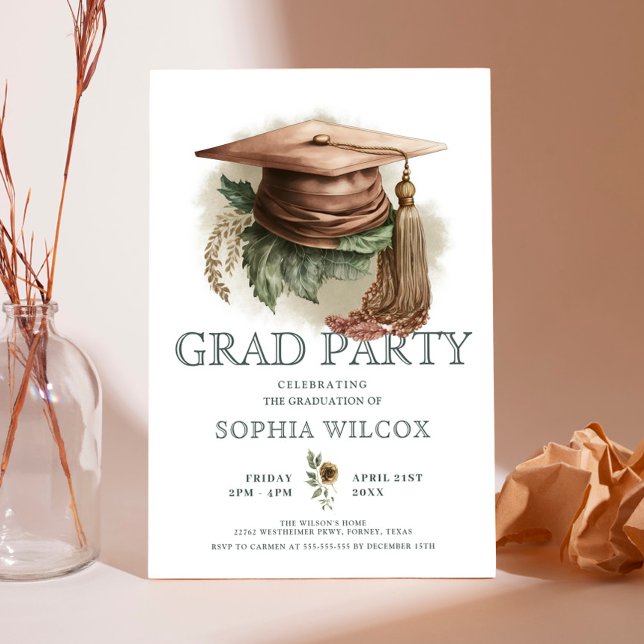 Watercolor Floral Graduation Cap Photo Grad Party Invitation (Creator Uploaded)