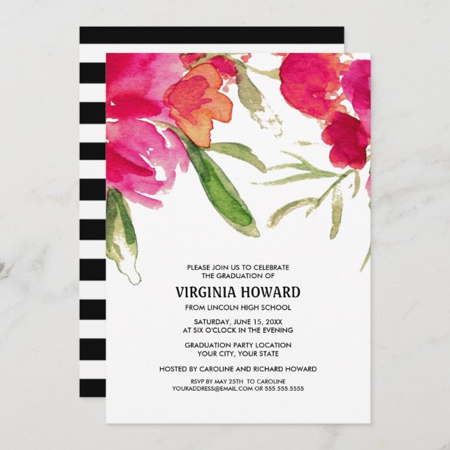 Watercolor Floral Graduation Party Invitation (Front/Back)