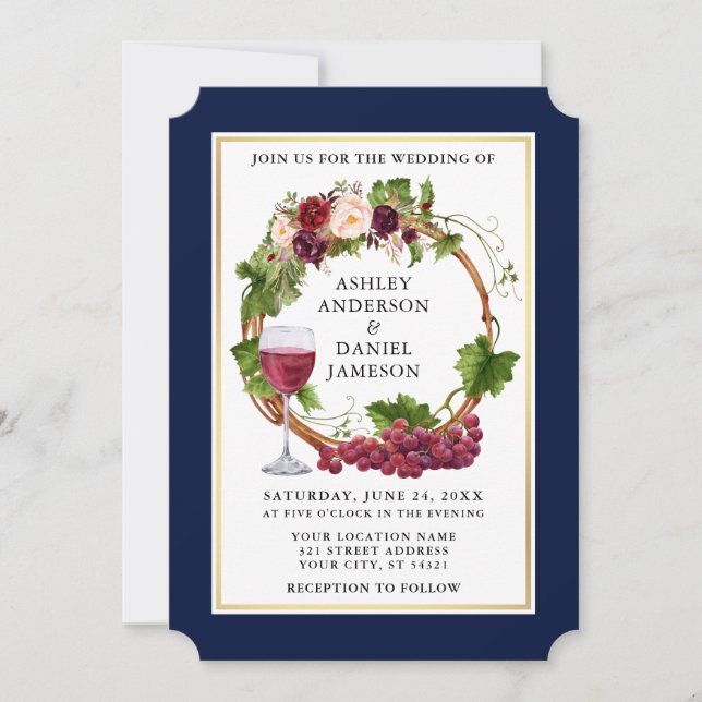Watercolor Floral Grape Vines Wreath Blue Wedding Invitation (Front)