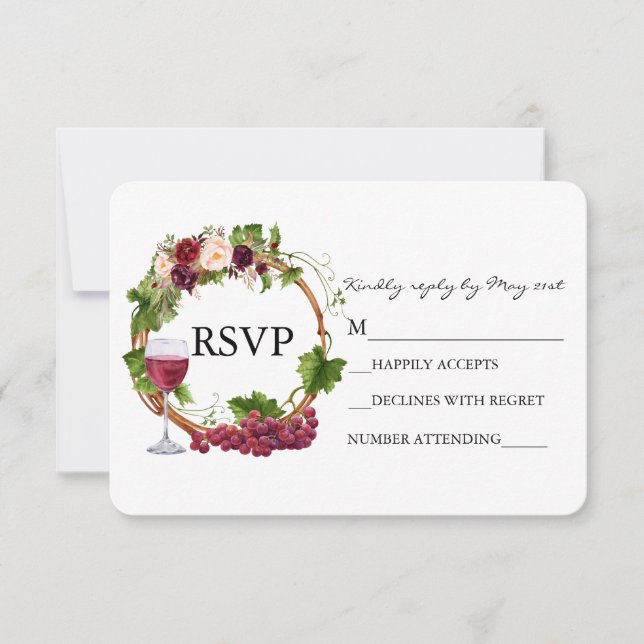Watercolor Floral Grape Vines Wreath Wedding RSVP Card (Front)