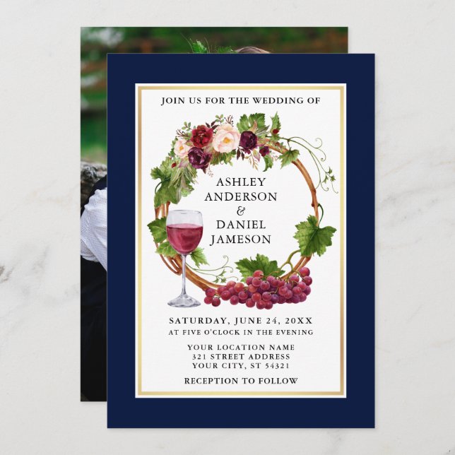 Watercolor Floral Grapes Wreath Photo Blue Wedding Invitation (Front/Back)