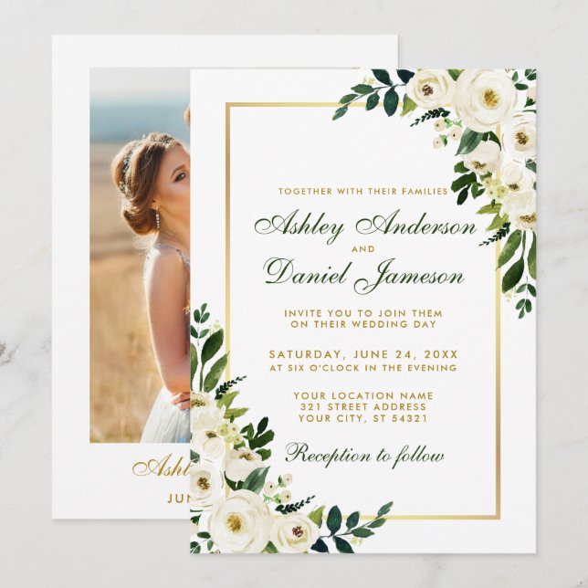 Watercolor Floral Green and Gold Photo Wedding Invitation (Front/Back)