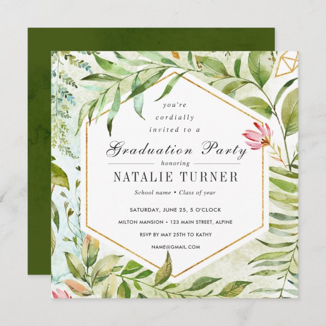 Watercolor Floral Green Foliage Graduation Party Invitation (Front/Back)
