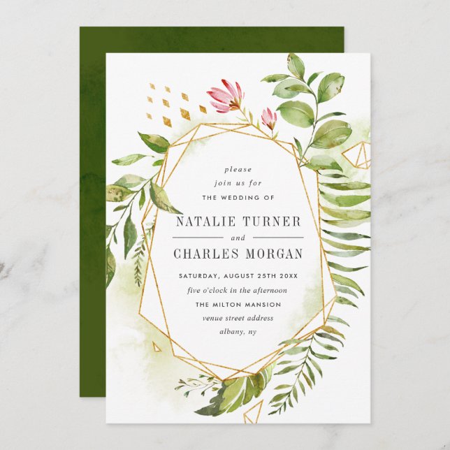 Watercolor Floral Green Foliage Wedding Invitation (Front/Back)