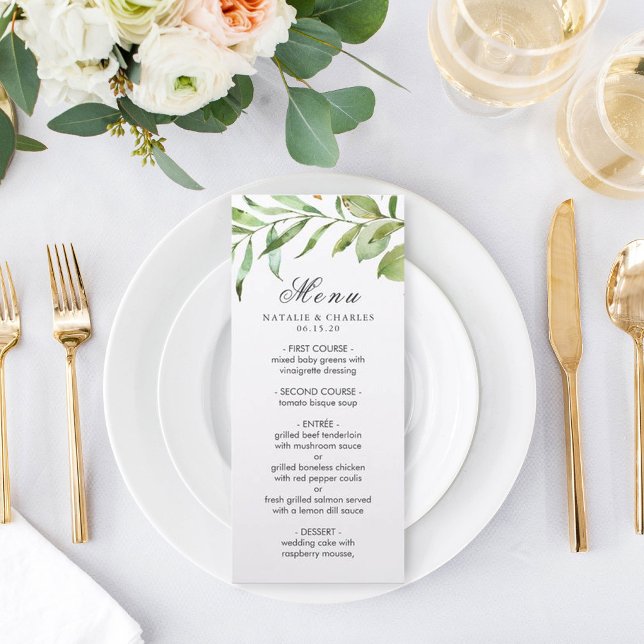 Watercolor Floral Green Foliage Wedding Menu Card (Creator Uploaded)