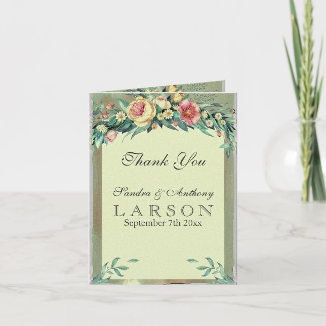Watercolor Floral Green & Pink Wedding Thank You Card (Front)