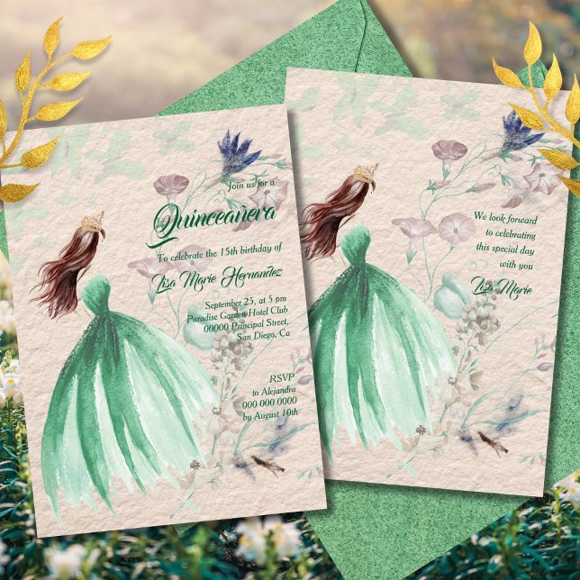 Watercolor Floral Green Tones Quinceañera Invitation (Creator Uploaded)