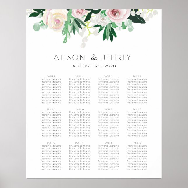 Watercolor Floral Green Wedding Seating Chart (Front)