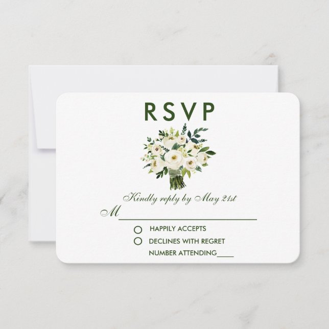 Watercolor Floral Green White Bouquet Wedding RSVP Card (Front)