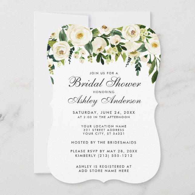 Watercolor Floral Green White Bridal Shower B Invitation (Front)
