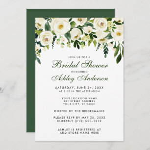 Watercolor Floral Green White Bridal Shower G Invitation