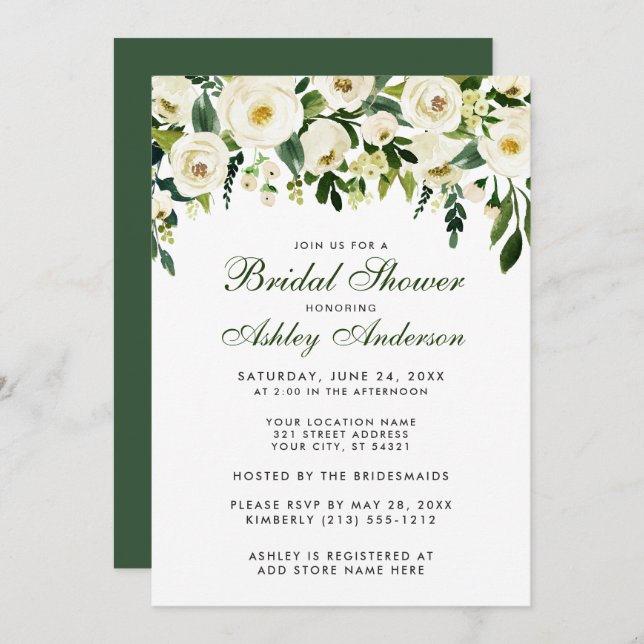 Watercolor Floral Green White Bridal Shower G Invitation (Front/Back)