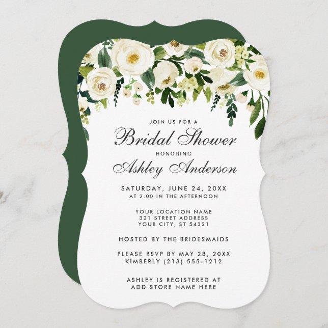 Watercolor Floral Green White Bridal Shower GB Invitation (Front/Back)