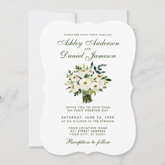 Watercolor Floral Green White Wedding Bouquet B Invitation (Front)