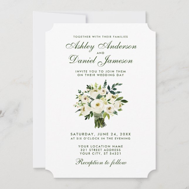 Watercolor Floral Green White Wedding Bouquet T Invitation (Front)