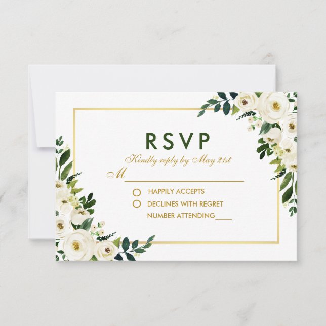 Watercolor Floral Green White Wedding RSVP GB (Front)