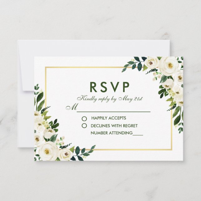 Watercolor Floral Green White Wedding RSVP GS Card (Front)