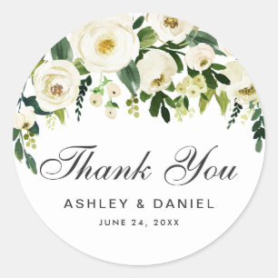 Watercolor Floral Green White Wedding Thank You Classic Round Sticker