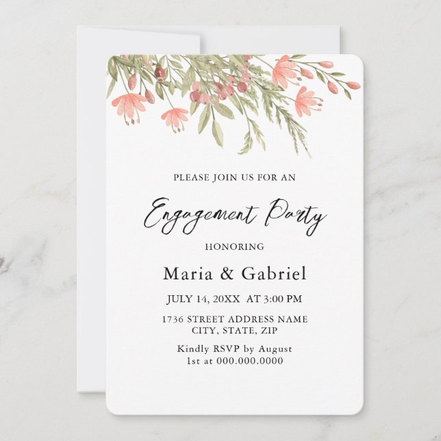 Watercolor Floral Greenery. Engagement Party Invit Invitation (Front)