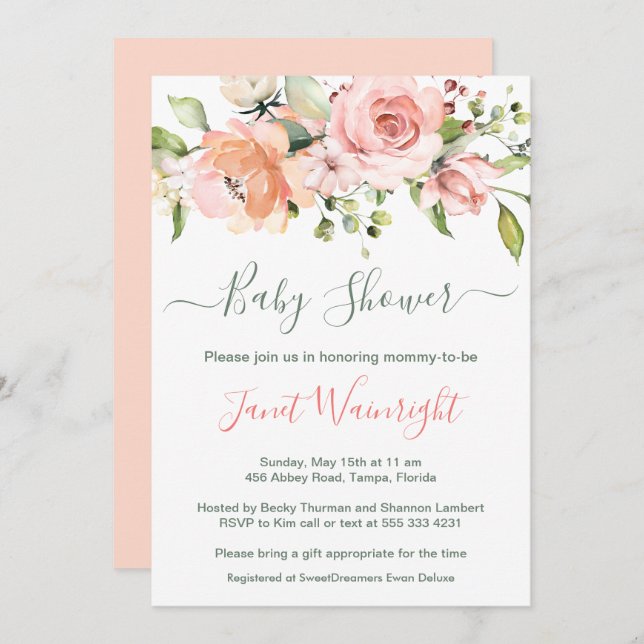 Watercolor Floral, greenery foliage Baby Shower Invitation (Front/Back)