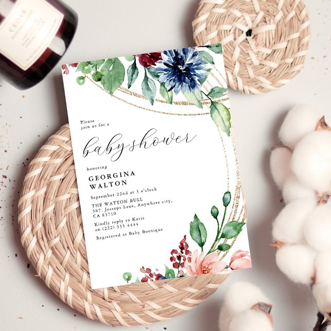 Watercolor Floral, Greenery & Gold Baby Shower Invitation (Creator Uploaded)