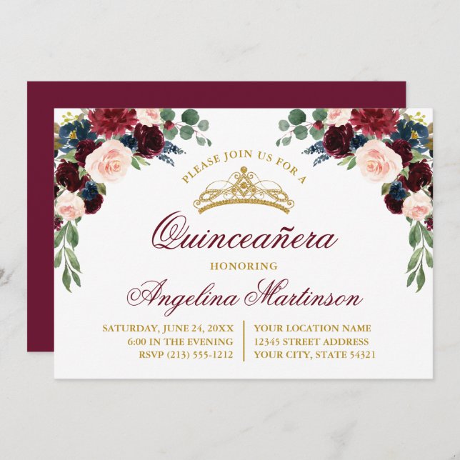 Watercolor Floral Greenery Quinceanera Party Invitation (Front/Back)
