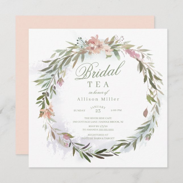 Watercolor Floral Greenery Wreath Bridal Tea Invitation (Front/Back)