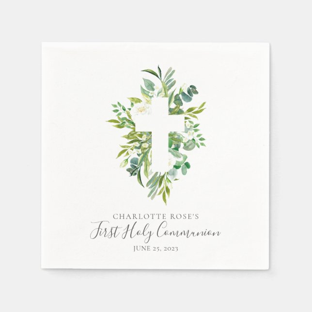 Watercolor Floral Greens Cross Holy Communion Napkin (Front)