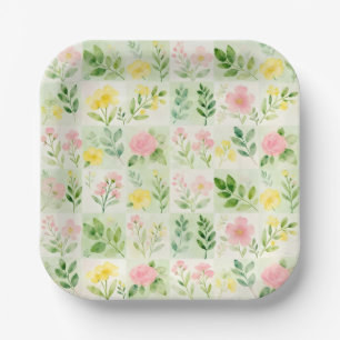 Watercolor Floral Grid Pattern Paper Plate