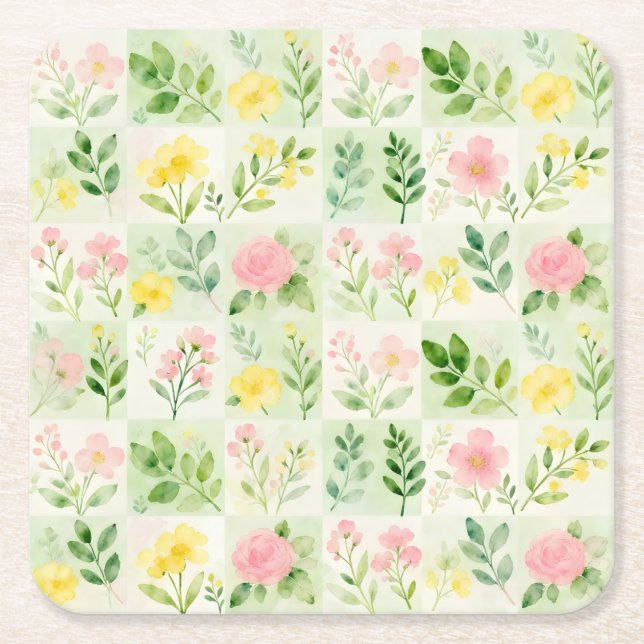 Watercolor Floral Grid Pattern Square Paper Coaster (Front)