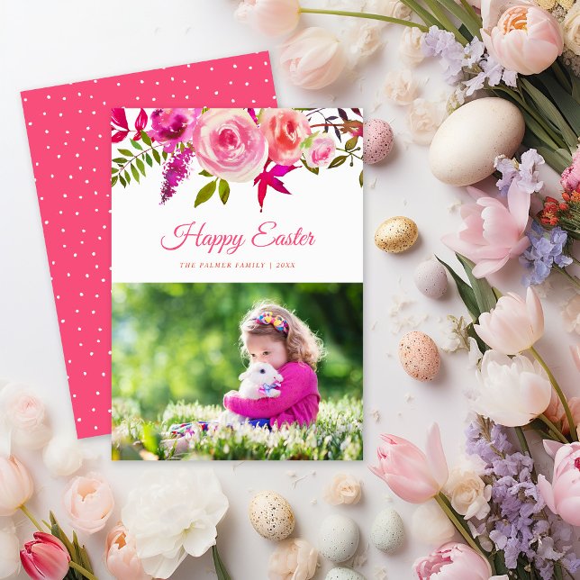 Watercolor Floral Happy Easter Photo Card (Creator Uploaded)