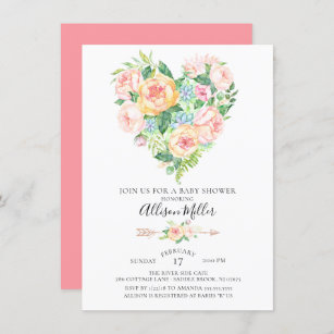 Watercolor Floral Heart Baby Shower Invitation