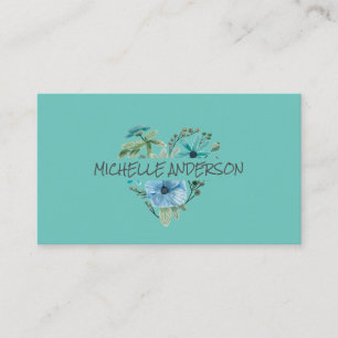 Watercolor Floral Heart   Blue Green Flowers Business Card
