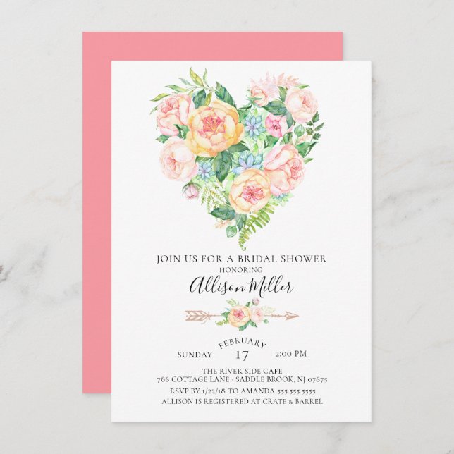 Watercolor Floral Heart Bridal Shower Invitation (Front/Back)