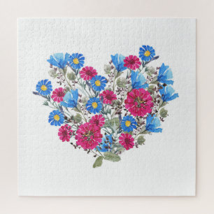 Watercolor floral heart, bright wildflowers arrang jigsaw puzzle