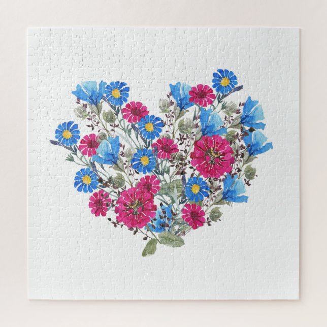 Watercolor floral heart, bright wildflowers arrang jigsaw puzzle (Vertical)