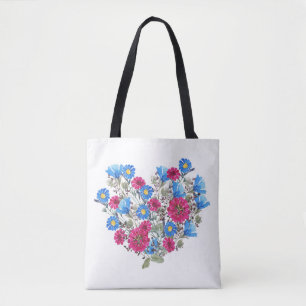 Watercolor floral heart, bright wildflowers arrang tote bag