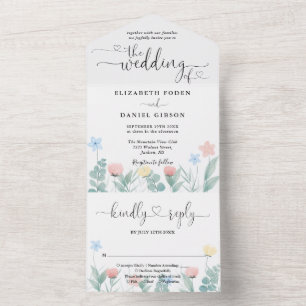 Watercolor Floral Heart Script Calligraphy Wedding All In One Invitation