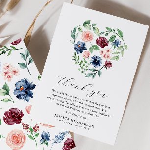 Watercolor Floral Heart Sympathy Funeral Memorial Thank You Card